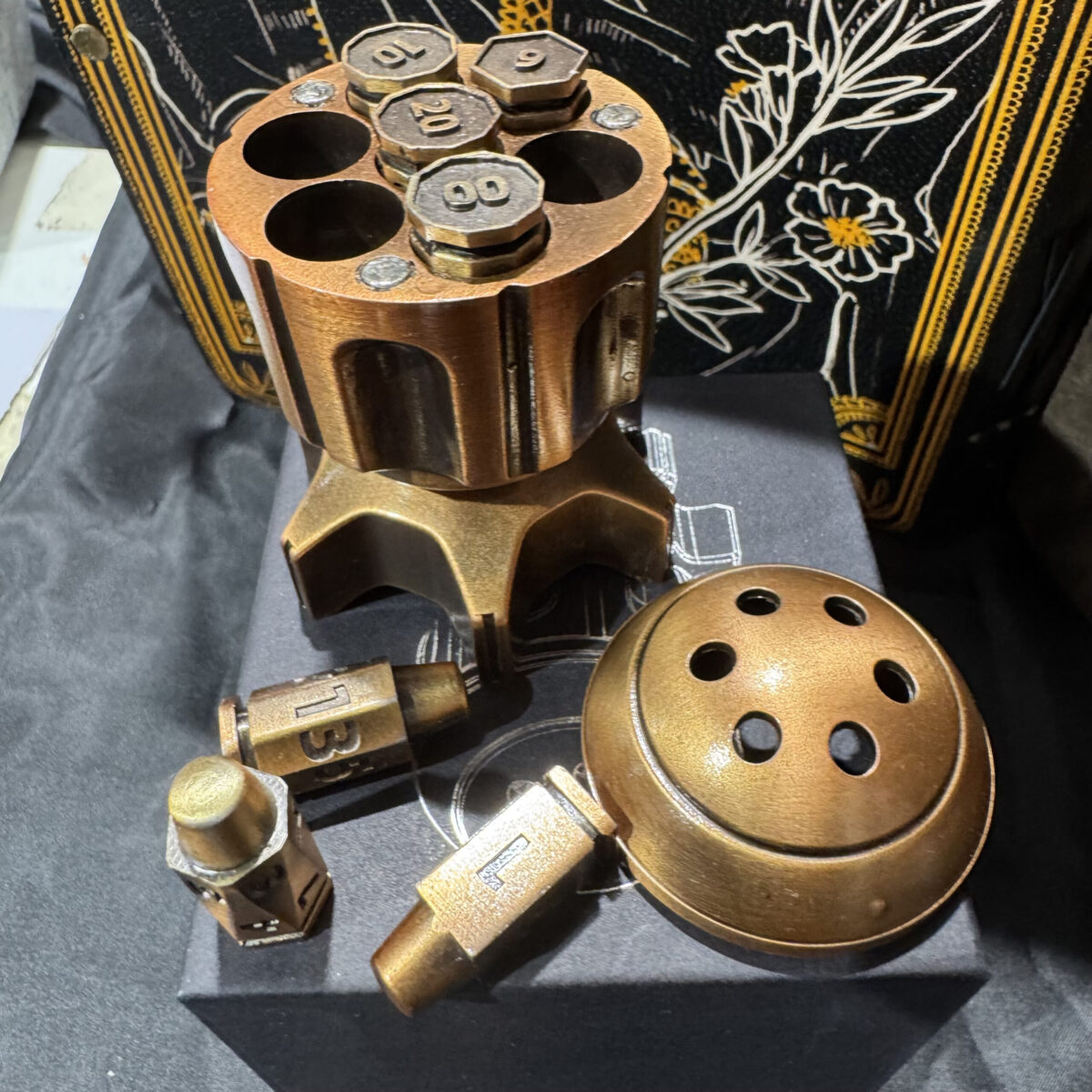 Antique gold bullet metal dice with cylinder