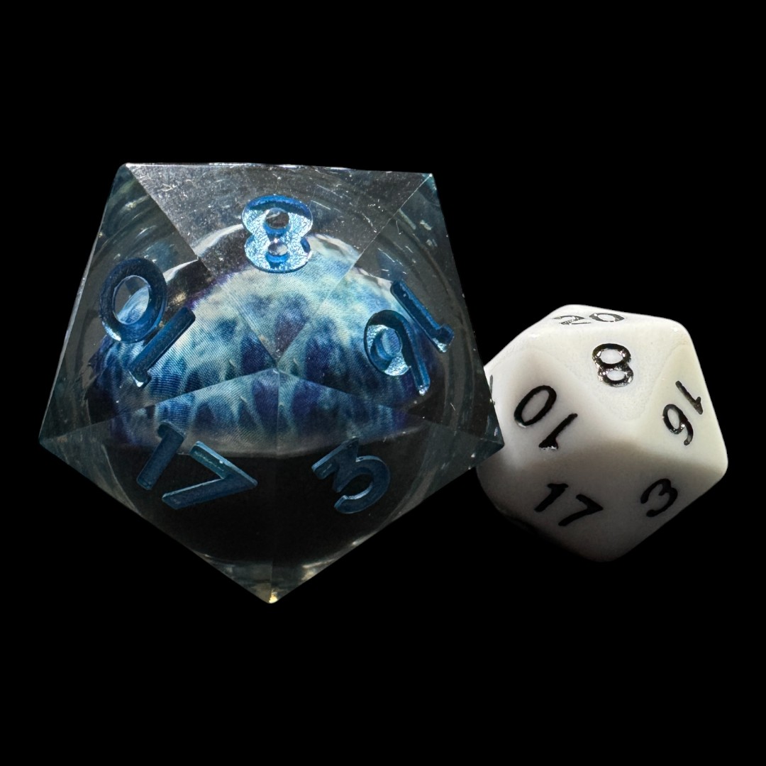 Black transparent D20 with mobile light blue draconic eye (33mm) - Image 3