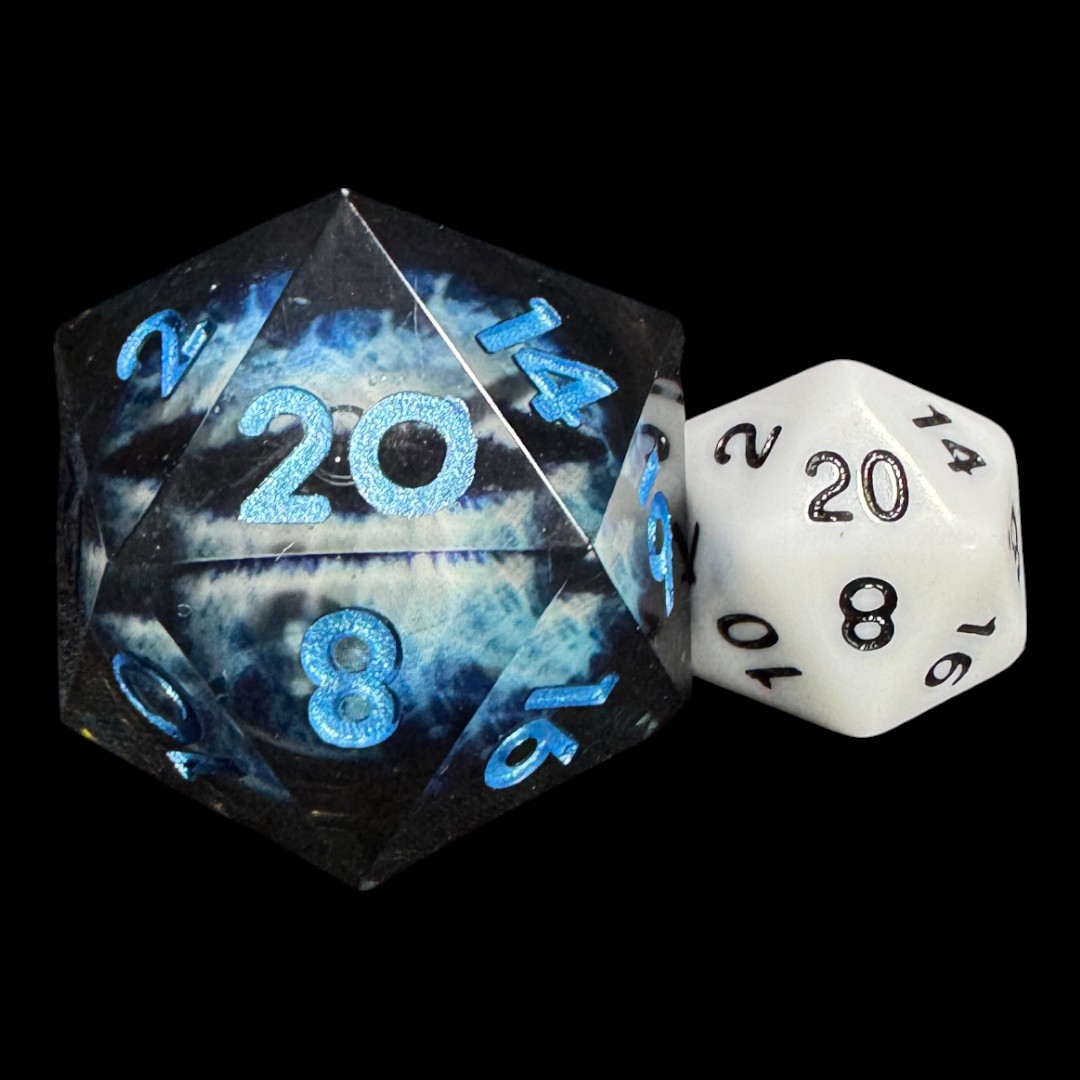 Black transparent D20 with mobile light blue draconic eye (33mm)