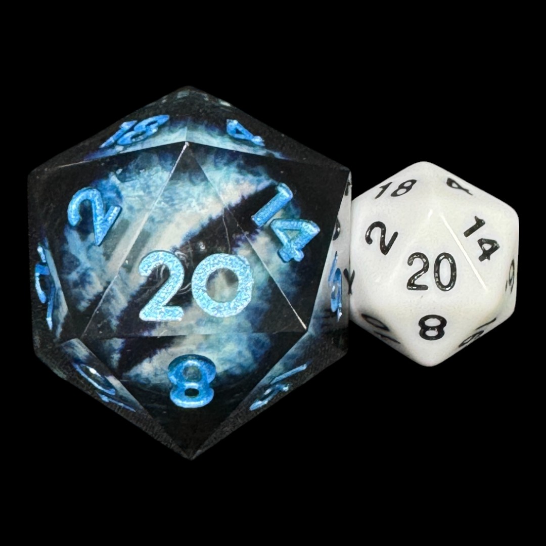 Black transparent D20 with mobile light blue draconic eye (33mm) - Image 2