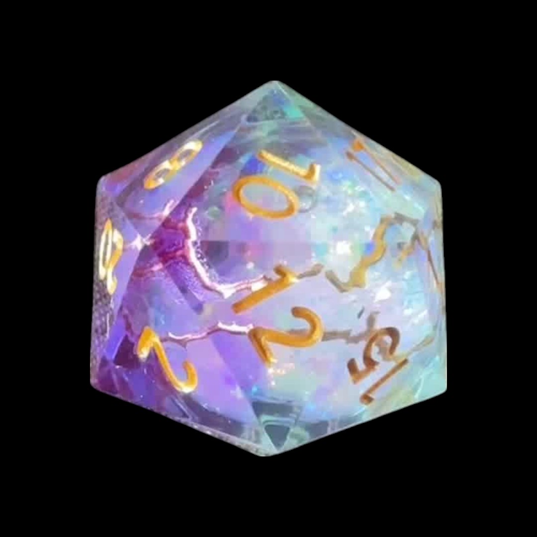 Dadi spigolo vivo trasparente azzurro+viola con crepe e liquido (n.oro) - immagine 2