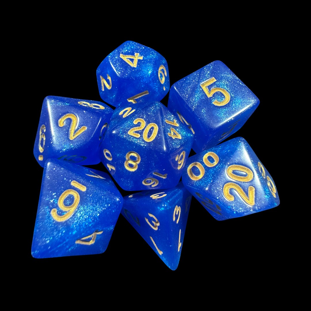 Dadi traslucidi glitterati blu (nr. oro)