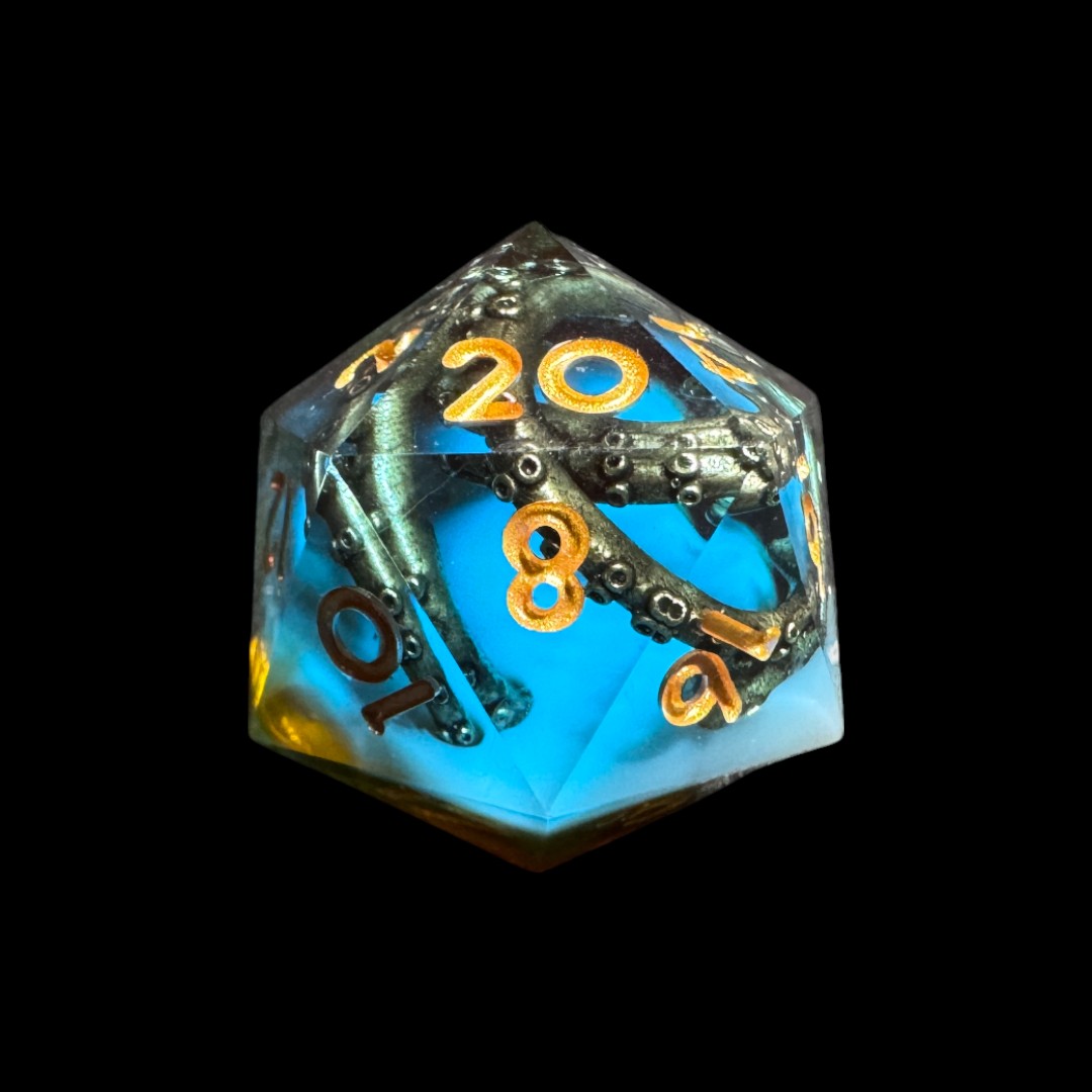 Dadi spigolo vivo trasparente blu+oro con tentacoli - immagine 3