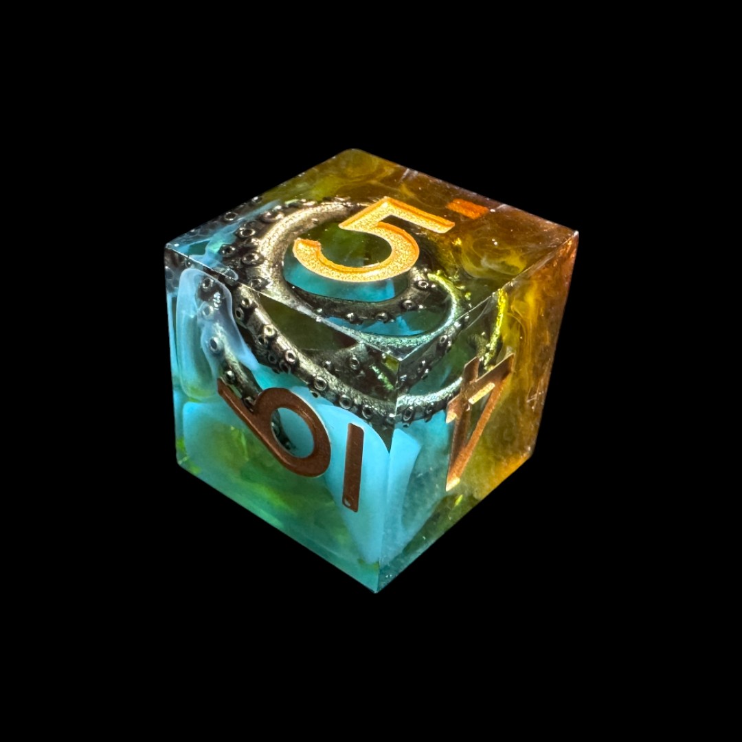 Dadi spigolo vivo trasparente blu+oro con tentacoli - immagine 2